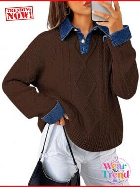 Cable Knit Denim Polo Pullover Sweater Button Down V Neck Long Sleeve Loose Fit